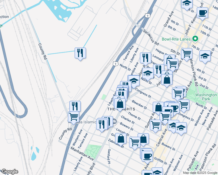 map of restaurants, bars, coffee shops, grocery stores, and more near 194 Bleecker Street in Jersey City