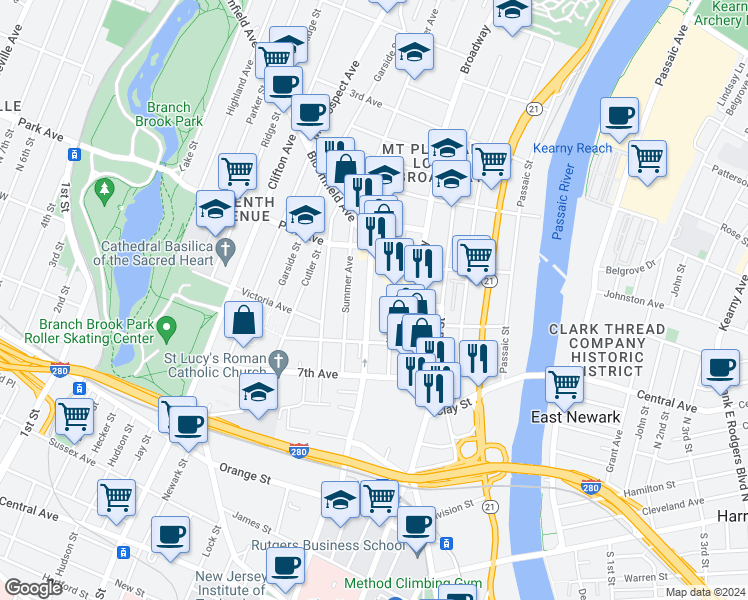 map of restaurants, bars, coffee shops, grocery stores, and more near 27 Webster Street in Newark
