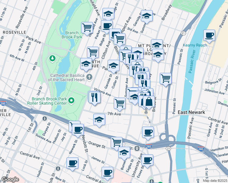 map of restaurants, bars, coffee shops, grocery stores, and more near 64 Stone Street in Newark