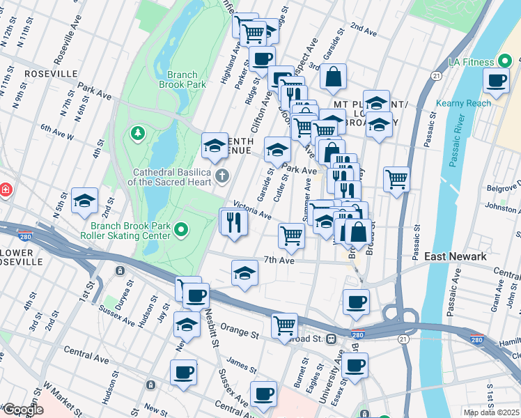 map of restaurants, bars, coffee shops, grocery stores, and more near 39 6th Avenue in Newark