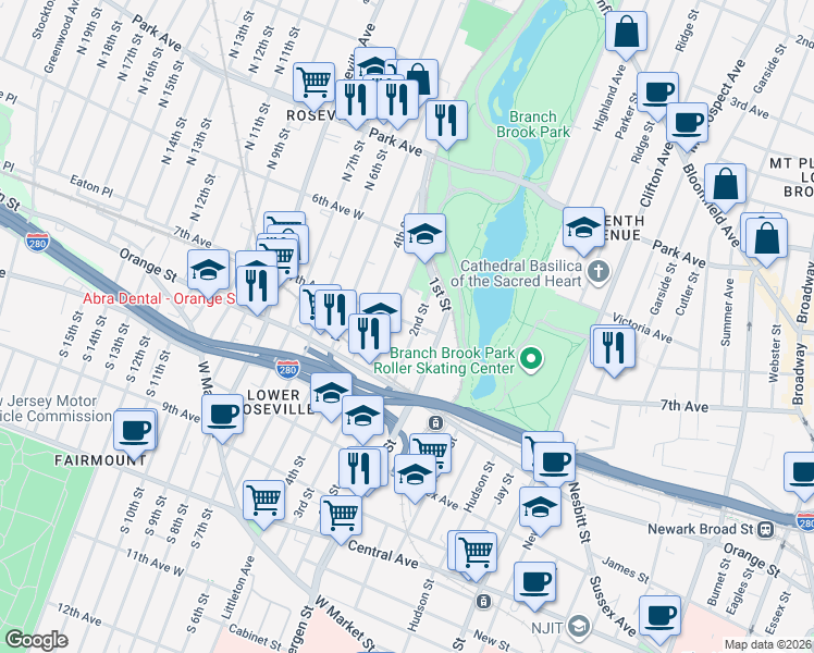 map of restaurants, bars, coffee shops, grocery stores, and more near 301 7th Avenue in Newark