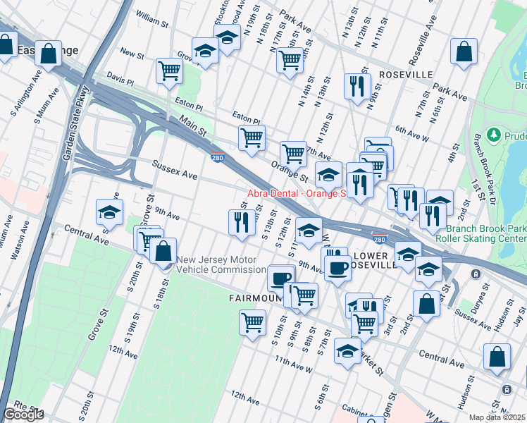 map of restaurants, bars, coffee shops, grocery stores, and more near 49 South 13th Street in Newark