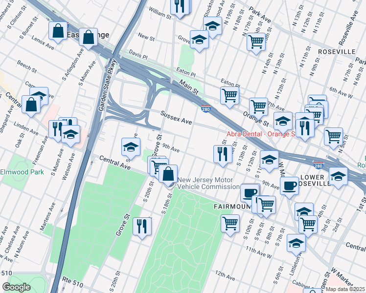 map of restaurants, bars, coffee shops, grocery stores, and more near 98 Steuben Street in East Orange