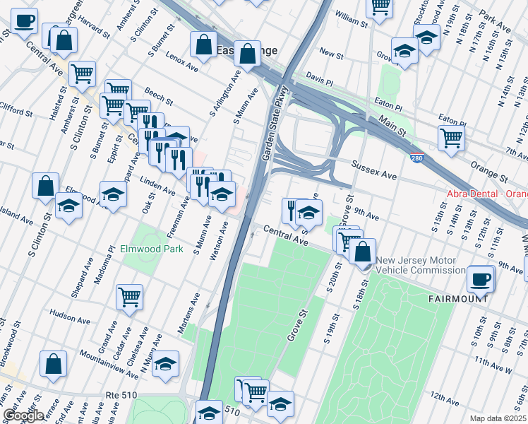 map of restaurants, bars, coffee shops, grocery stores, and more near 87 Hawthorne Avenue in East Orange