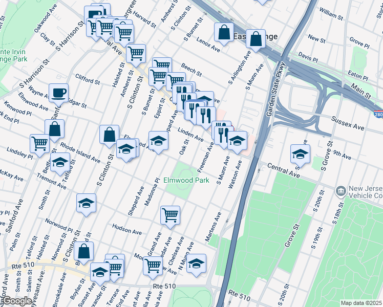map of restaurants, bars, coffee shops, grocery stores, and more near 64 Oak Street in East Orange