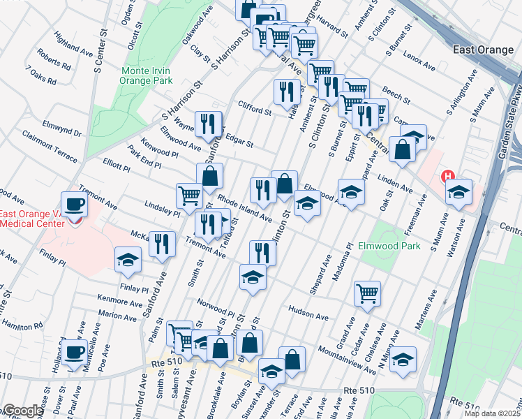 map of restaurants, bars, coffee shops, grocery stores, and more near 402 Halsted Street in East Orange