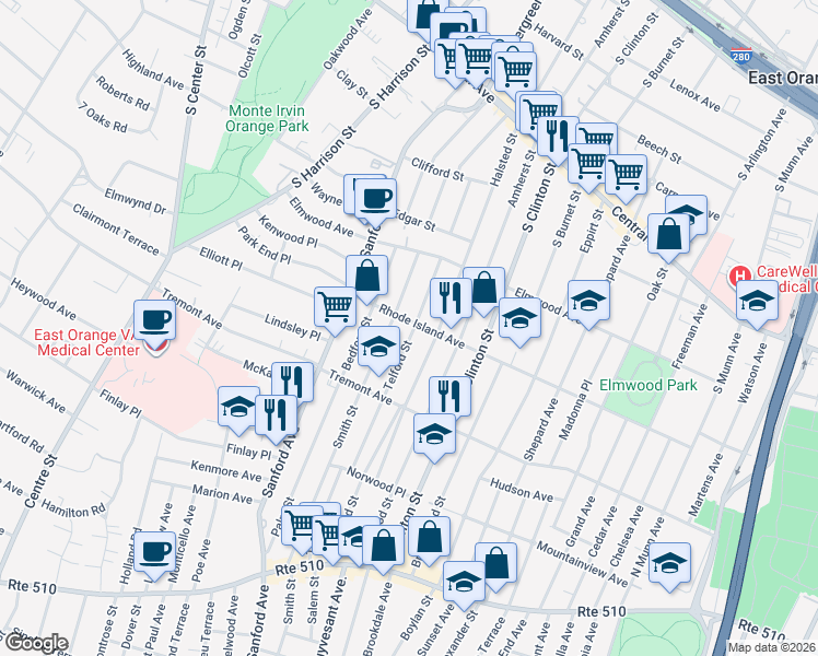 map of restaurants, bars, coffee shops, grocery stores, and more near 60 Telford Street in East Orange