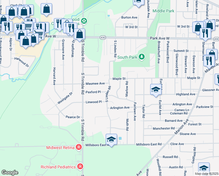 map of restaurants, bars, coffee shops, grocery stores, and more near 208 South Linden Road in Mansfield