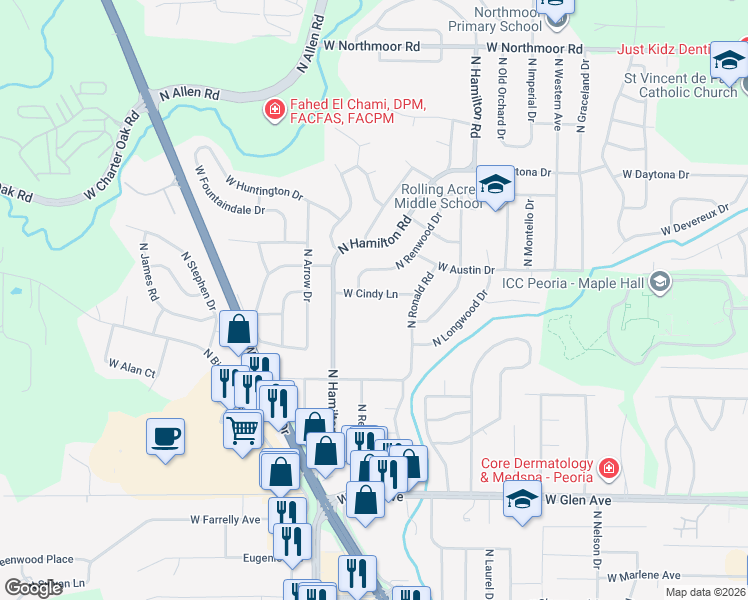 map of restaurants, bars, coffee shops, grocery stores, and more near 2224 West Cindy Lane in Peoria