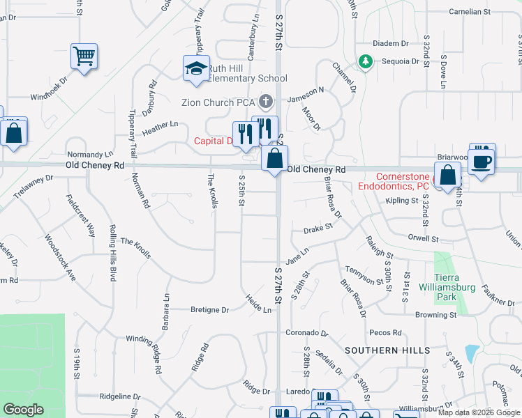 map of restaurants, bars, coffee shops, grocery stores, and more near 2520 Jacquelyn Drive in Lincoln