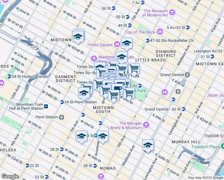 map of restaurants, bars, coffee shops, grocery stores, and more near 114 West 40th Street in New York