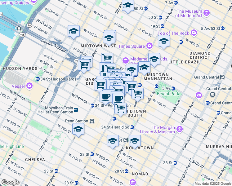 map of restaurants, bars, coffee shops, grocery stores, and more near 227 West 37th Street in New York