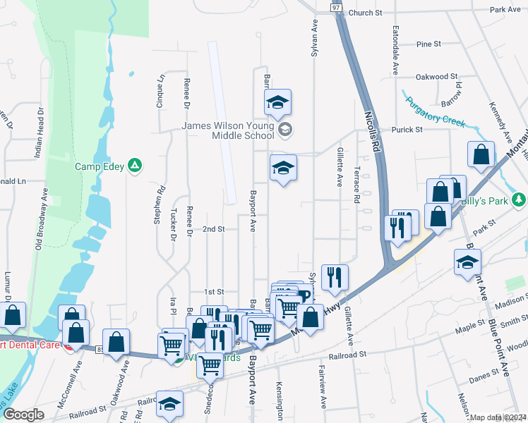 map of restaurants, bars, coffee shops, grocery stores, and more near 116 Barrett Avenue in Bayport