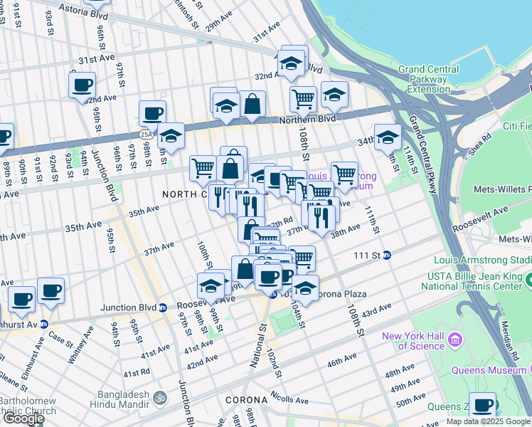map of restaurants, bars, coffee shops, grocery stores, and more near 104-8 37th Avenue in Queens
