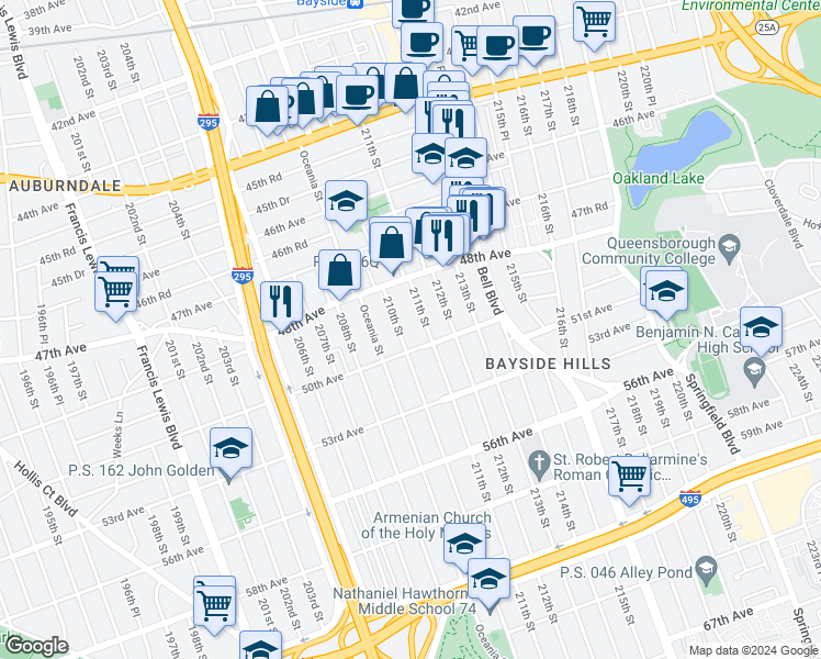 map of restaurants, bars, coffee shops, grocery stores, and more near 48-49 210th Street in Queens