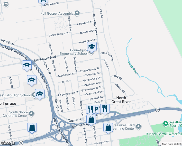 map of restaurants, bars, coffee shops, grocery stores, and more near 415 Elmwood Street in Islip Terrace