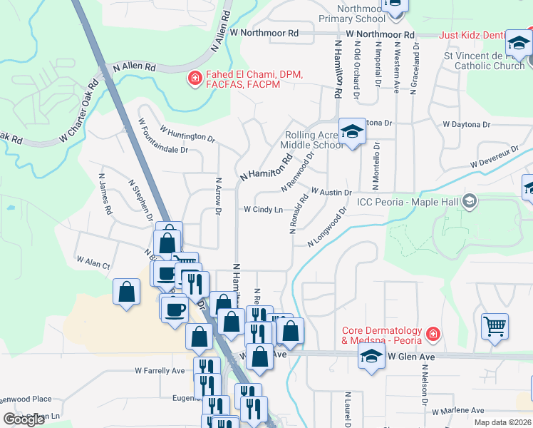 map of restaurants, bars, coffee shops, grocery stores, and more near 2224 West Cindy Lane in Peoria