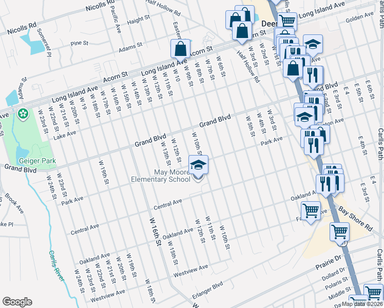 map of restaurants, bars, coffee shops, grocery stores, and more near 155 West 11th Street in Deer Park