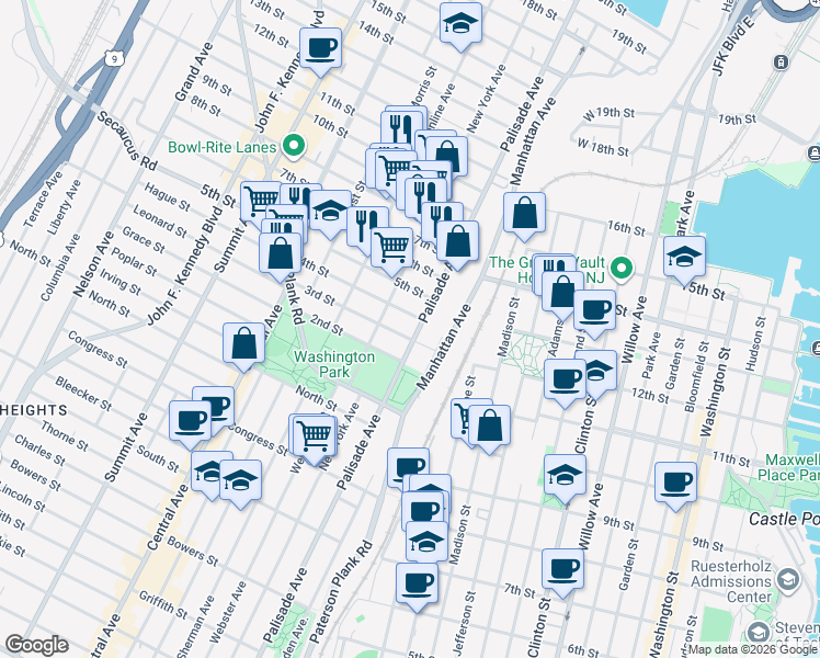 map of restaurants, bars, coffee shops, grocery stores, and more near 307 Palisade Avenue in Union City
