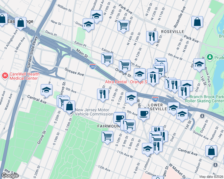 map of restaurants, bars, coffee shops, grocery stores, and more near 49 South 13th Street in Newark