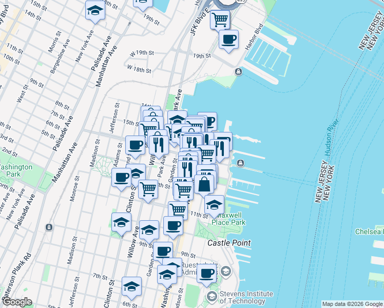 map of restaurants, bars, coffee shops, grocery stores, and more near 108 14th Street in Hoboken