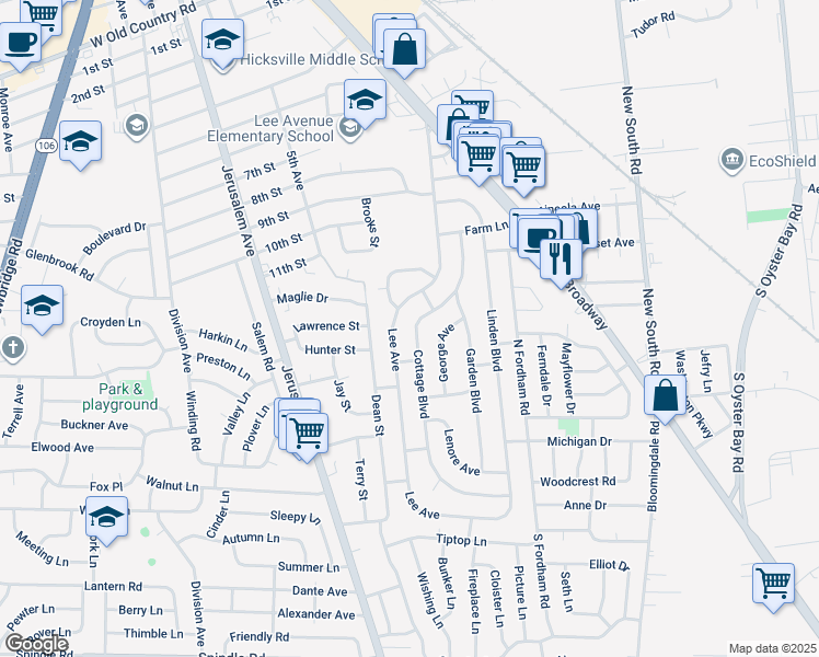 map of restaurants, bars, coffee shops, grocery stores, and more near 138 Cottage Boulevard in Hicksville