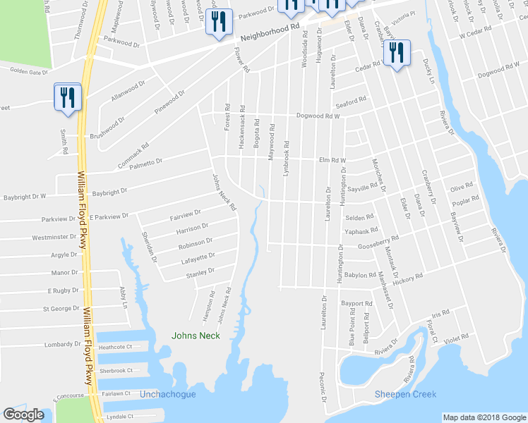 map of restaurants, bars, coffee shops, grocery stores, and more near 102 Maywood Road in Mastic Beach