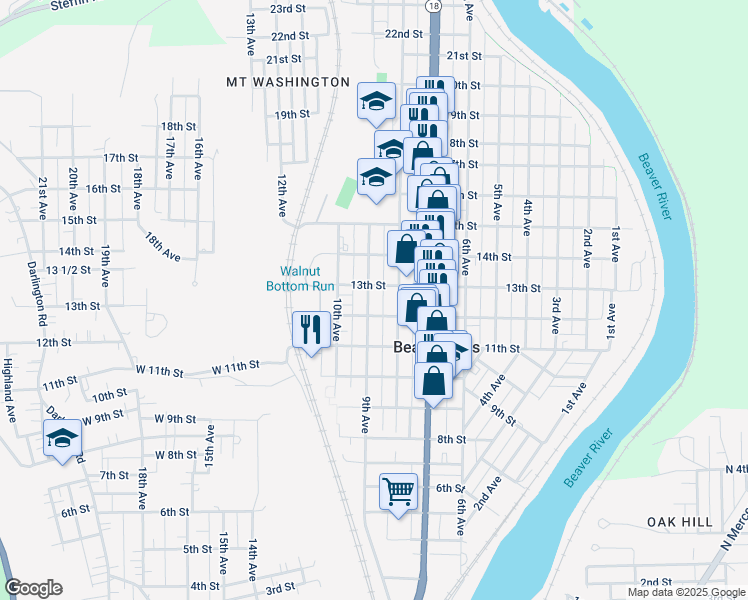 map of restaurants, bars, coffee shops, grocery stores, and more near 1218 9th Avenue in Beaver Falls