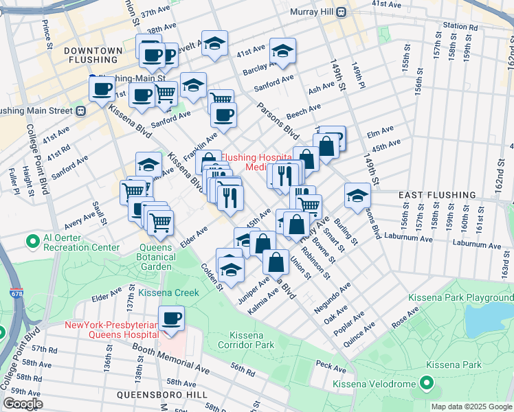 map of restaurants, bars, coffee shops, grocery stores, and more near 43-68 Robinson Street in Queens