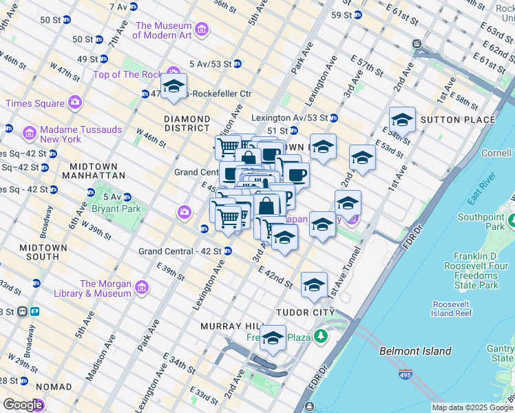 map of restaurants, bars, coffee shops, grocery stores, and more near 465 Lexington Avenue in New York