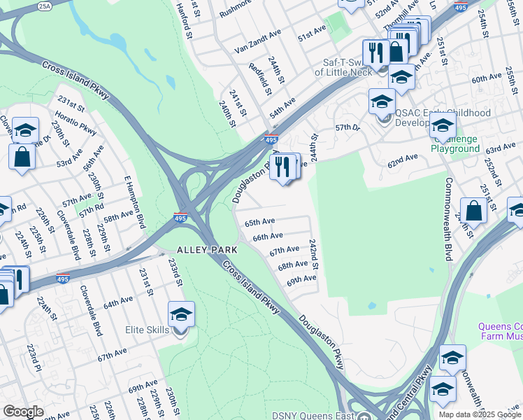 map of restaurants, bars, coffee shops, grocery stores, and more near 6363 Douglaston Parkway in Queens