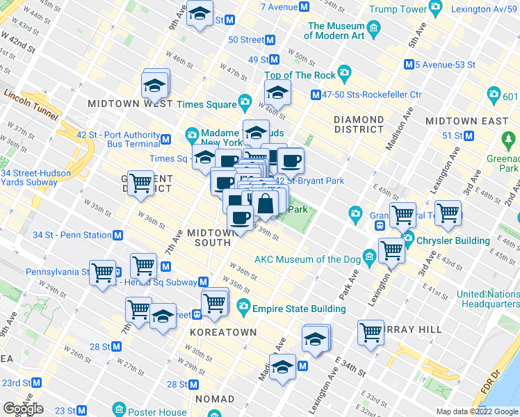 map of restaurants, bars, coffee shops, grocery stores, and more near 45 West 40th Street in New York