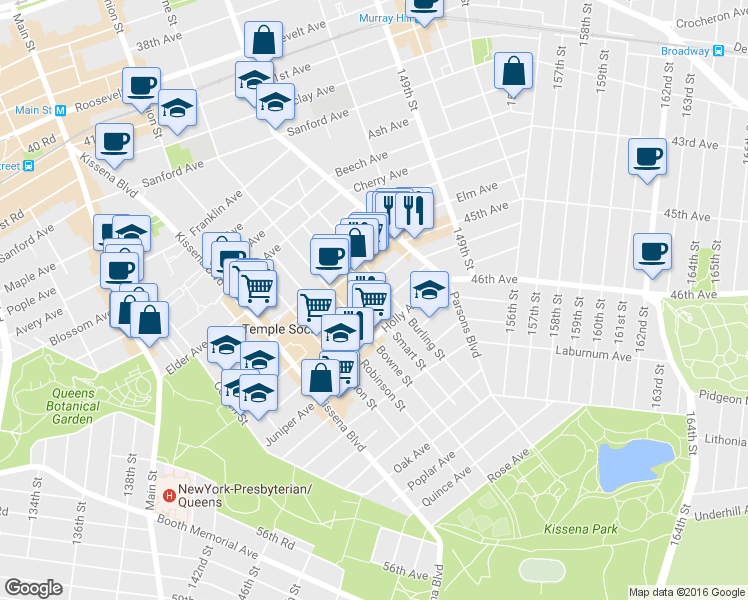 map of restaurants, bars, coffee shops, grocery stores, and more near 45-39 Smart Street in Queens
