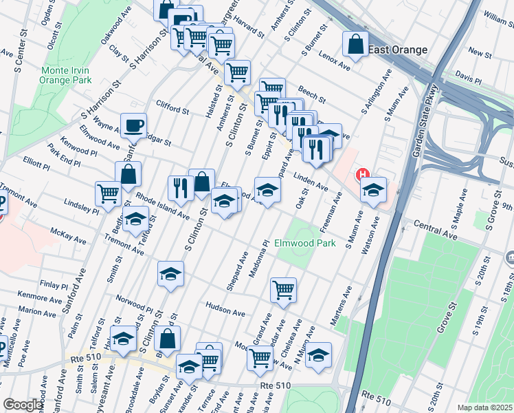 map of restaurants, bars, coffee shops, grocery stores, and more near 135 Elmwood Avenue in East Orange