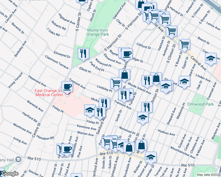 map of restaurants, bars, coffee shops, grocery stores, and more near 32 Lindsley Place in East Orange