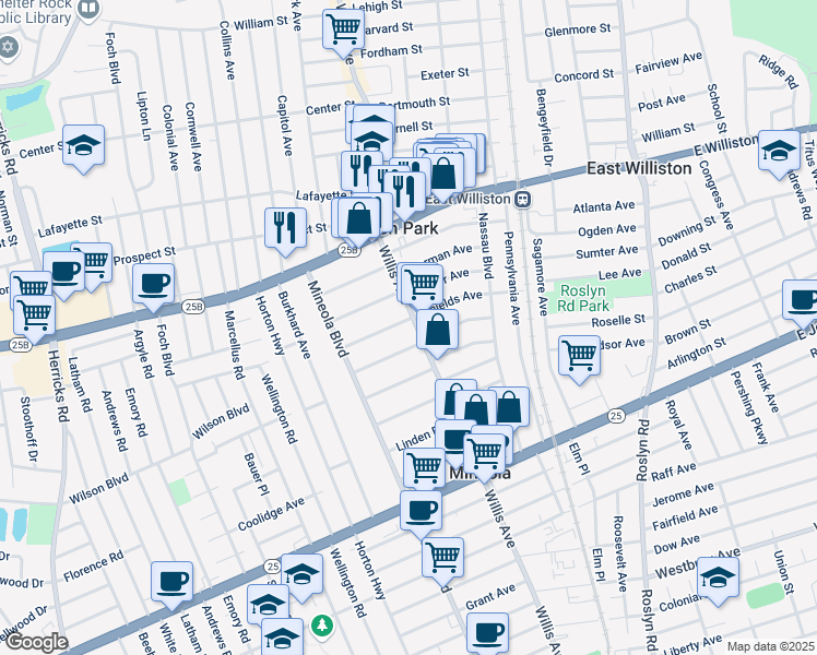 map of restaurants, bars, coffee shops, grocery stores, and more near 387 Willis Avenue in Mineola