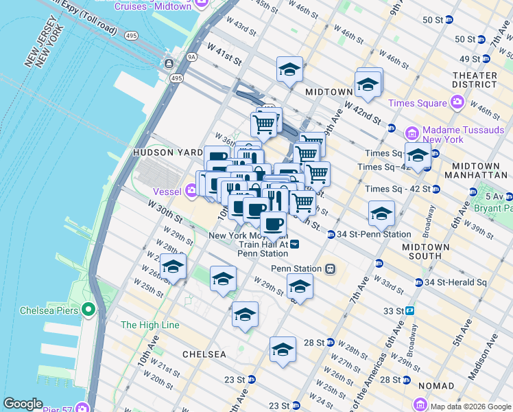 map of restaurants, bars, coffee shops, grocery stores, and more near 431 West 33rd Street in New York