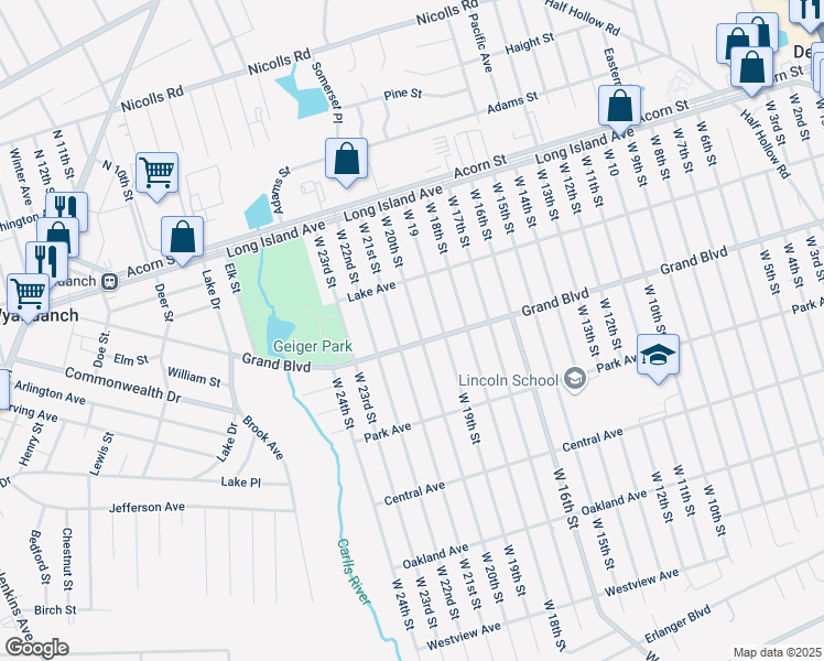 map of restaurants, bars, coffee shops, grocery stores, and more near 100 W 20th St in Deer Park