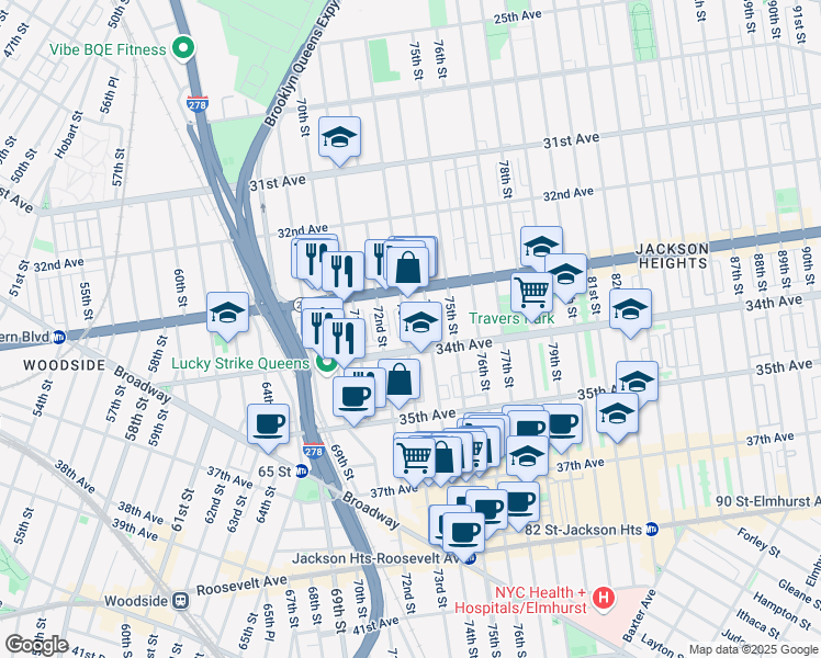 map of restaurants, bars, coffee shops, grocery stores, and more near 33-37 73rd Street in Queens