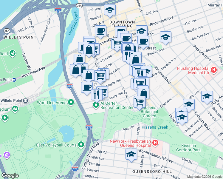 map of restaurants, bars, coffee shops, grocery stores, and more near 132-29 Pople Avenue in Queens