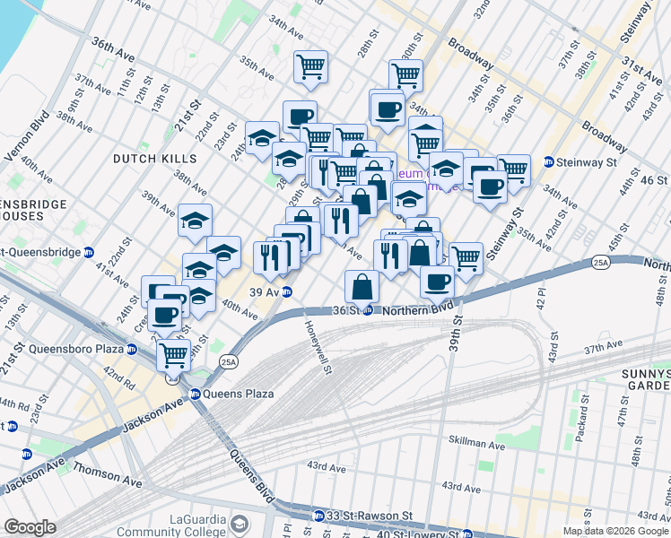 map of restaurants, bars, coffee shops, grocery stores, and more near 37-24 33rd Street in Queens