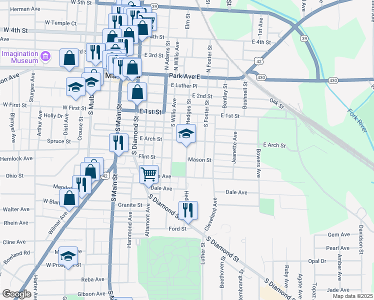 map of restaurants, bars, coffee shops, grocery stores, and more near 176 Hedges Street in Mansfield