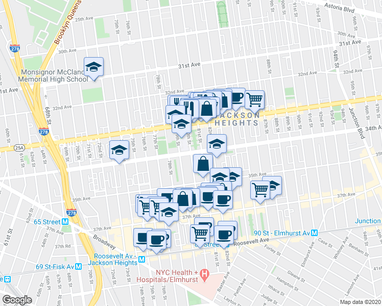 map of restaurants, bars, coffee shops, grocery stores, and more near 34-05 80th Street in Queens