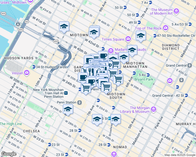 map of restaurants, bars, coffee shops, grocery stores, and more near 227 West 37th Street in New York