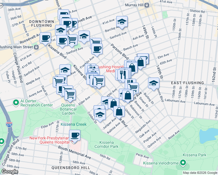 map of restaurants, bars, coffee shops, grocery stores, and more near 43-68 Robinson Street in Queens