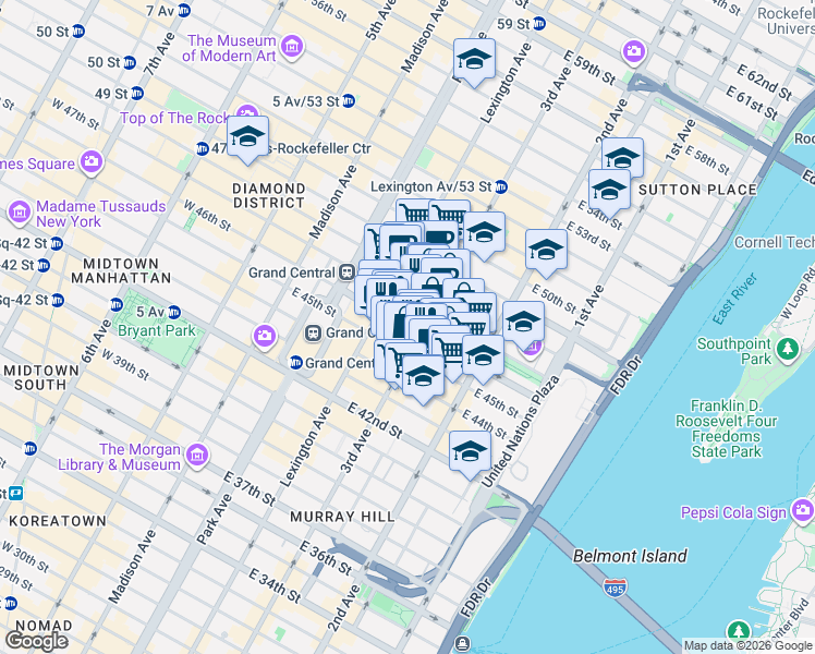 map of restaurants, bars, coffee shops, grocery stores, and more near East 46th Street in New York