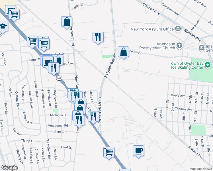 map of restaurants, bars, coffee shops, grocery stores, and more near 1001 South Oyster Bay Road in Bethpage