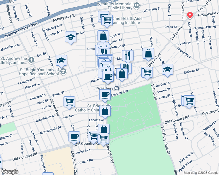 map of restaurants, bars, coffee shops, grocery stores, and more near in Westbury