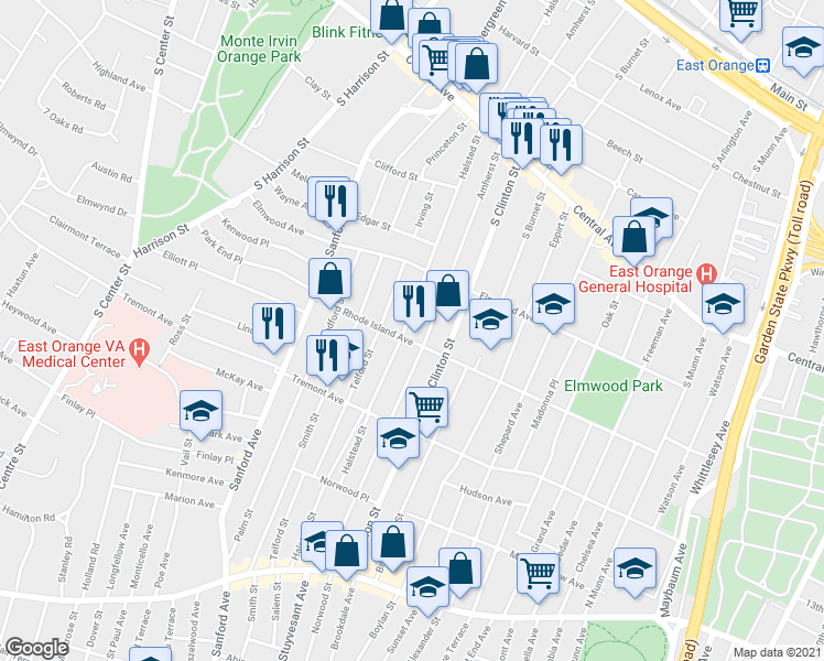 map of restaurants, bars, coffee shops, grocery stores, and more near 402 Halsted St in East Orange