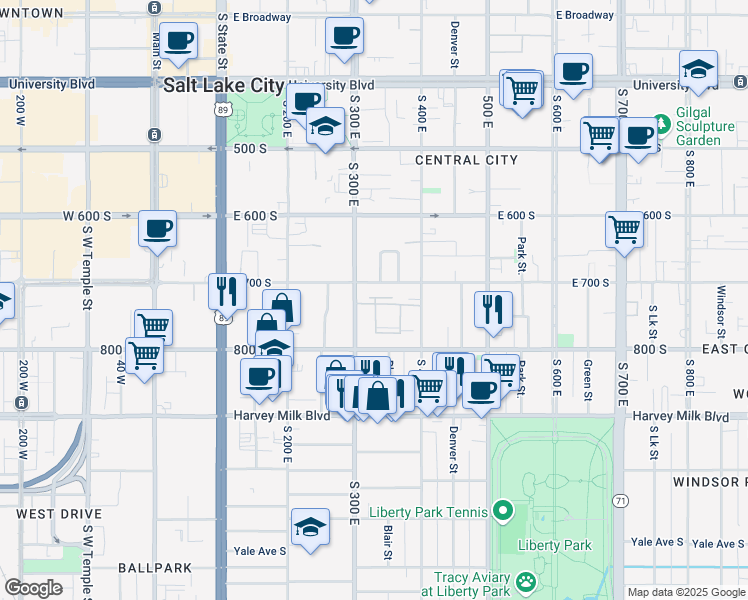map of restaurants, bars, coffee shops, grocery stores, and more near 306 East 700 South in Salt Lake City